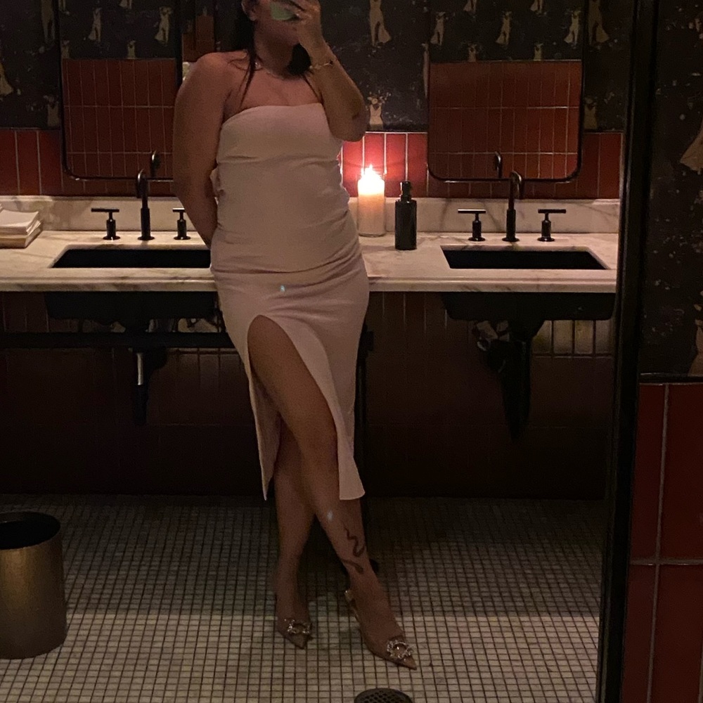 Blush strapless dress with low back detail